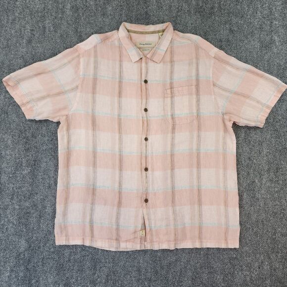 Tommy Bahama Shirt Mens XL Plaid Linen Camp Loop Collar Coconut Buttons Sur Mer - Picture 1 of 16